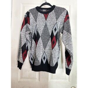 Vintage Van Cort Sweater M Black Red Gray Argyle Diamond Knit Pullover Made USA